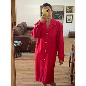 Vintage 80s Red Linen Shirt Dress Brass Buttons